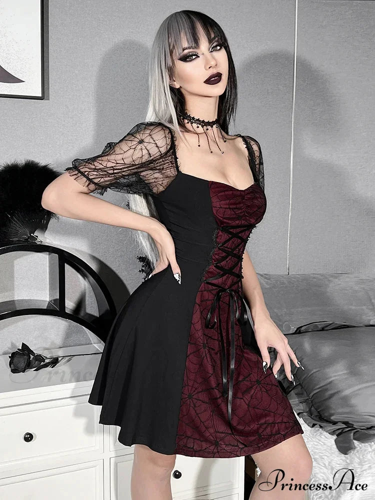 Gothic Harajuku Lace Short Sleeve Grunge Sexy Patchwork Lolita Strap Mini Dress