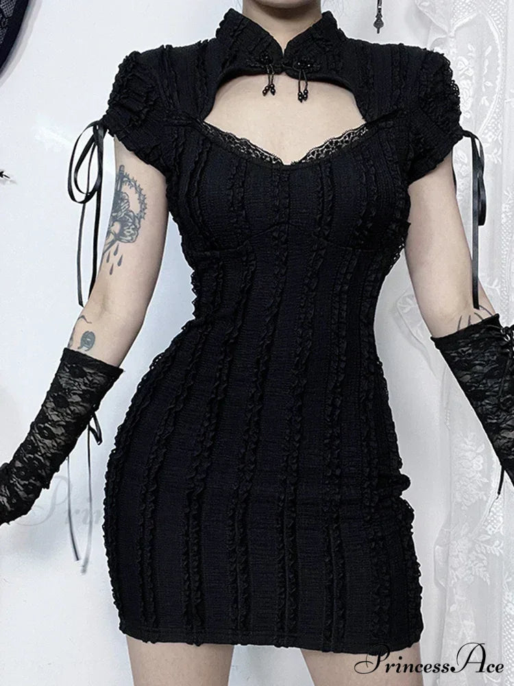 Gothic Hollow Out Small Vertical Collar Short Sleeve Grunge Knitted Hip Texture Dress
