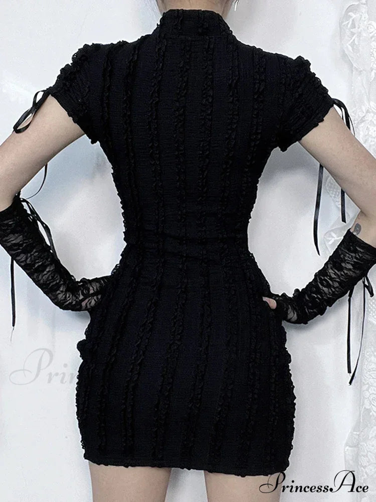 Gothic Hollow Out Small Vertical Collar Short Sleeve Grunge Knitted Hip Texture Dress
