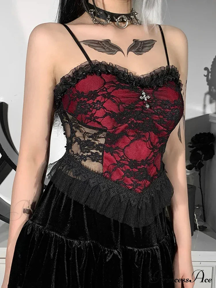 Gothic Lace Patchwork Zipper Backless See Through Vintage Y2K Aesthetic Crop Top