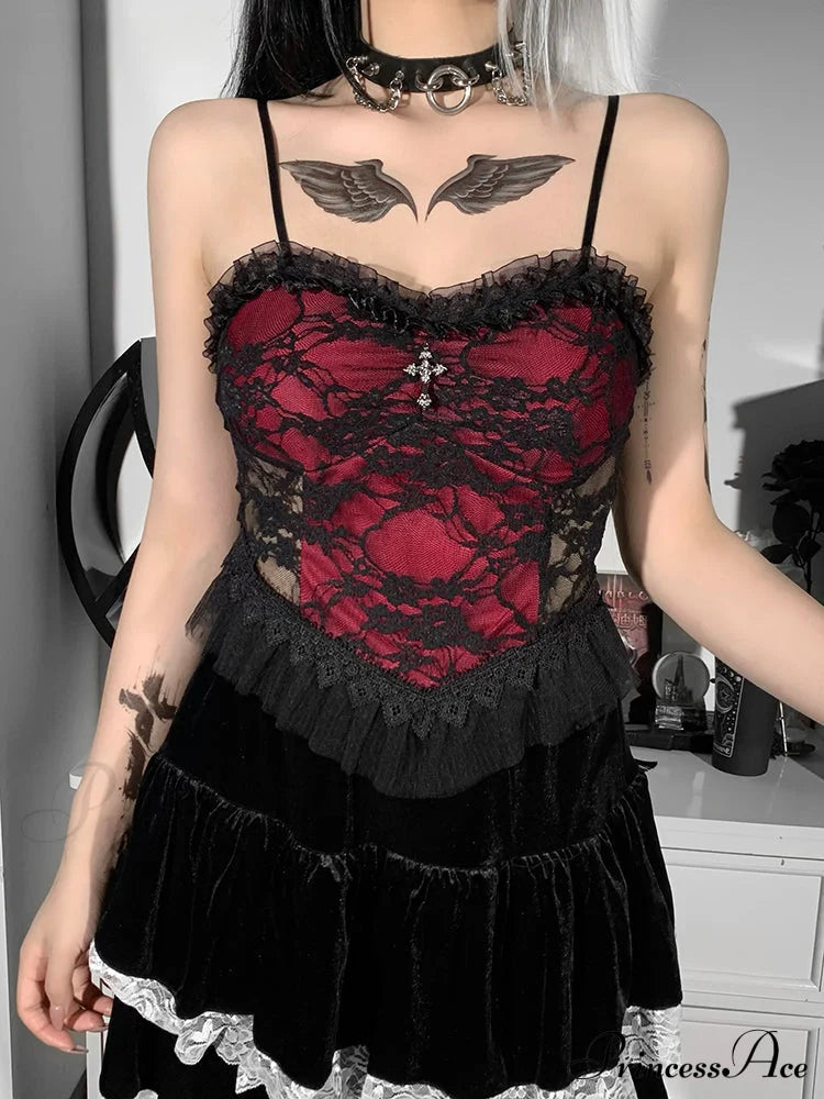 Gothic Lace Patchwork Zipper Backless See Through Vintage Y2K Aesthetic Crop Top Red / S Halloween