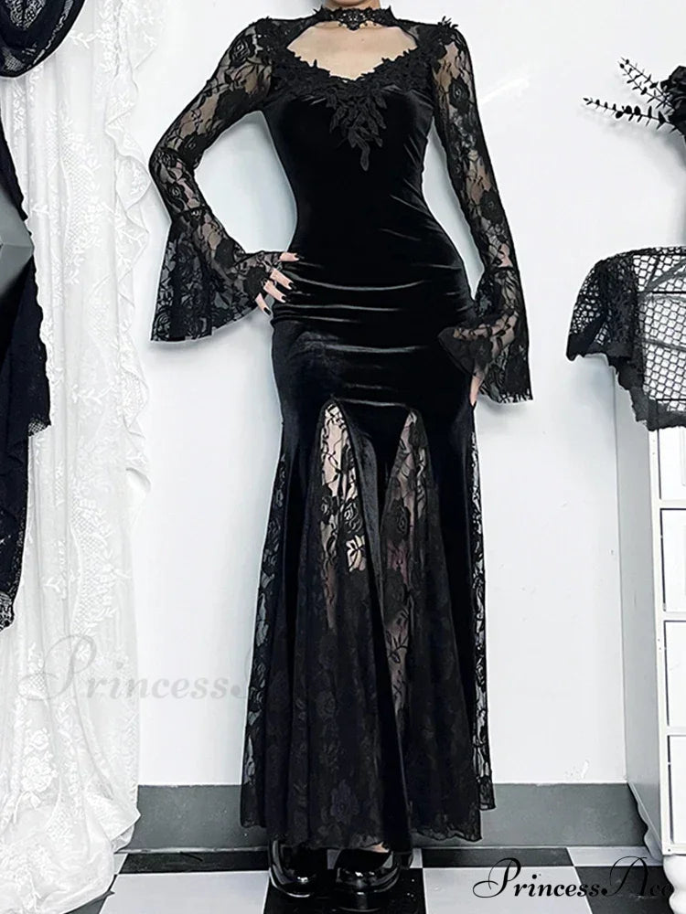 Gothic Long Sleeve Lace Ruched Fishtail Bodycon Mermaid Cocktail Maxi Dress