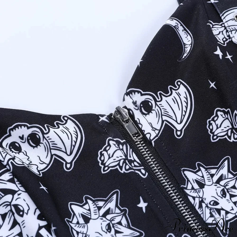 Gothic Print Sexy Backless Y2K Punk Zip Up Corset Crop Top