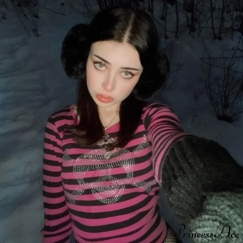 Gothic Punk Dark Academia Rhinestone Skull Striped Crop Top As Photo Shows / S Halloween