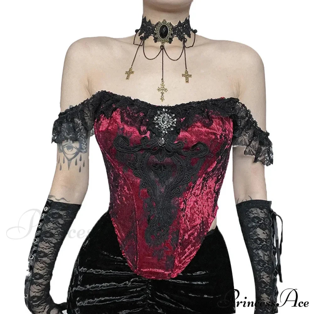 Gothic Punk Victorian Patchwork Ruched Lace Tube Bustier Crop Top