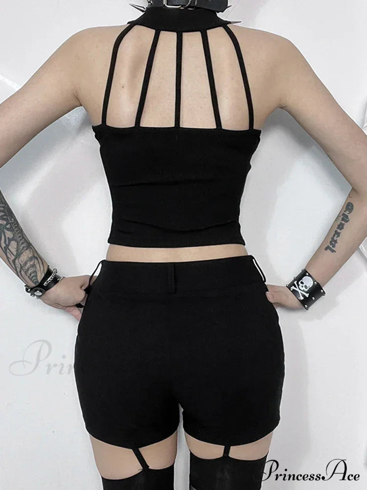 Gothic Sexy Punk Black Knit Bodycon Summer Darkness Harajuku Sleeveless Halter Crop Top