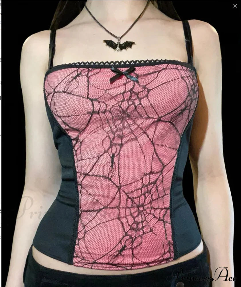 Gothic Spider Web Pattern Sleeveless Backless Zipper Crop Top