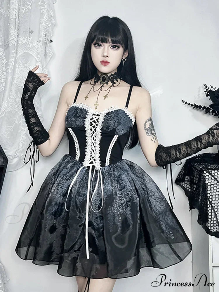 Gothic Spliced Printed Suspender Corset A Line Vintage Sexy Kawaii Mini Dress Black / Xs Halloween