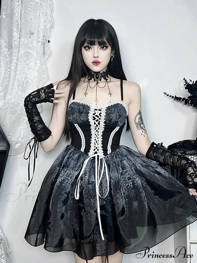 Gothic Spliced Printed Suspender Corset A Line Vintage Sexy Kawaii Mini Dress