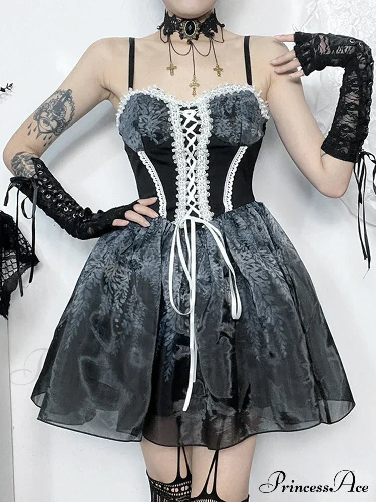 Gothic Spliced Printed Suspender Corset A Line Vintage Sexy Kawaii Mini Dress