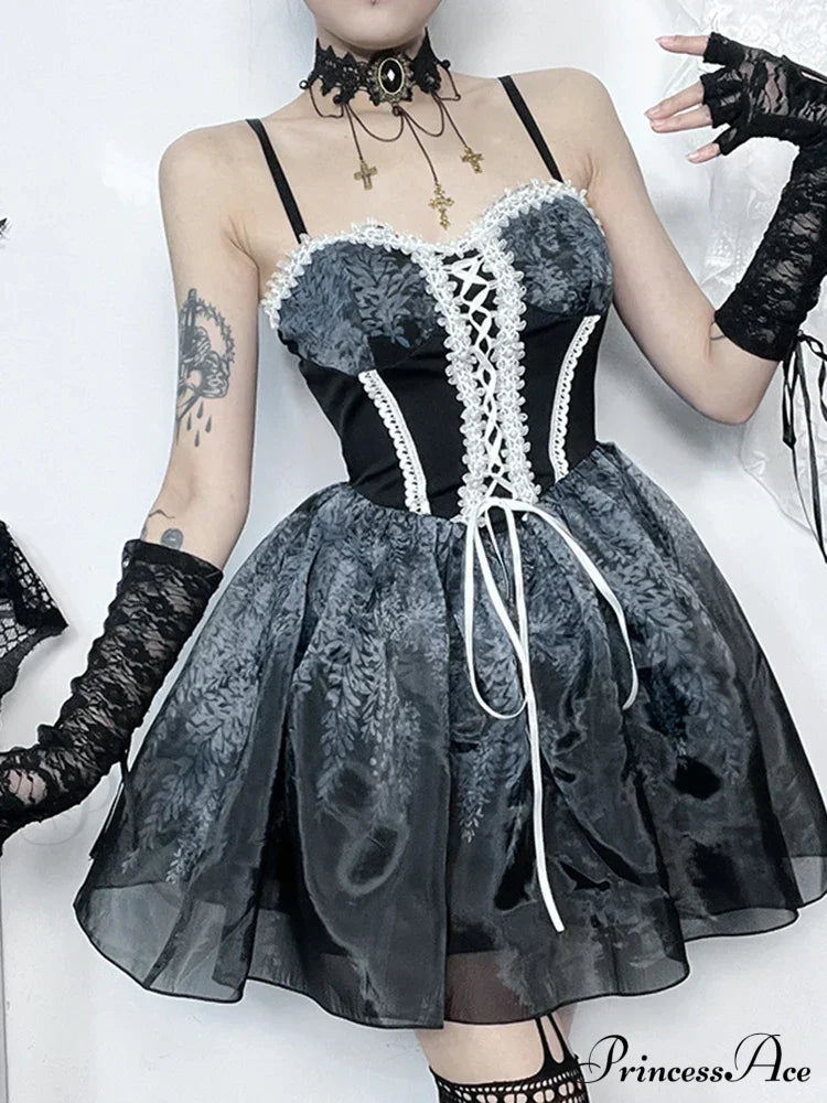 Gothic Spliced Printed Suspender Corset A Line Vintage Sexy Kawaii Mini Dress