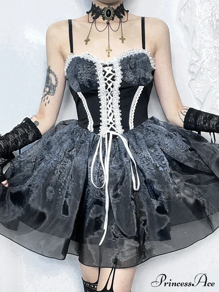 Gothic Spliced Printed Suspender Corset A Line Vintage Sexy Kawaii Mini Dress