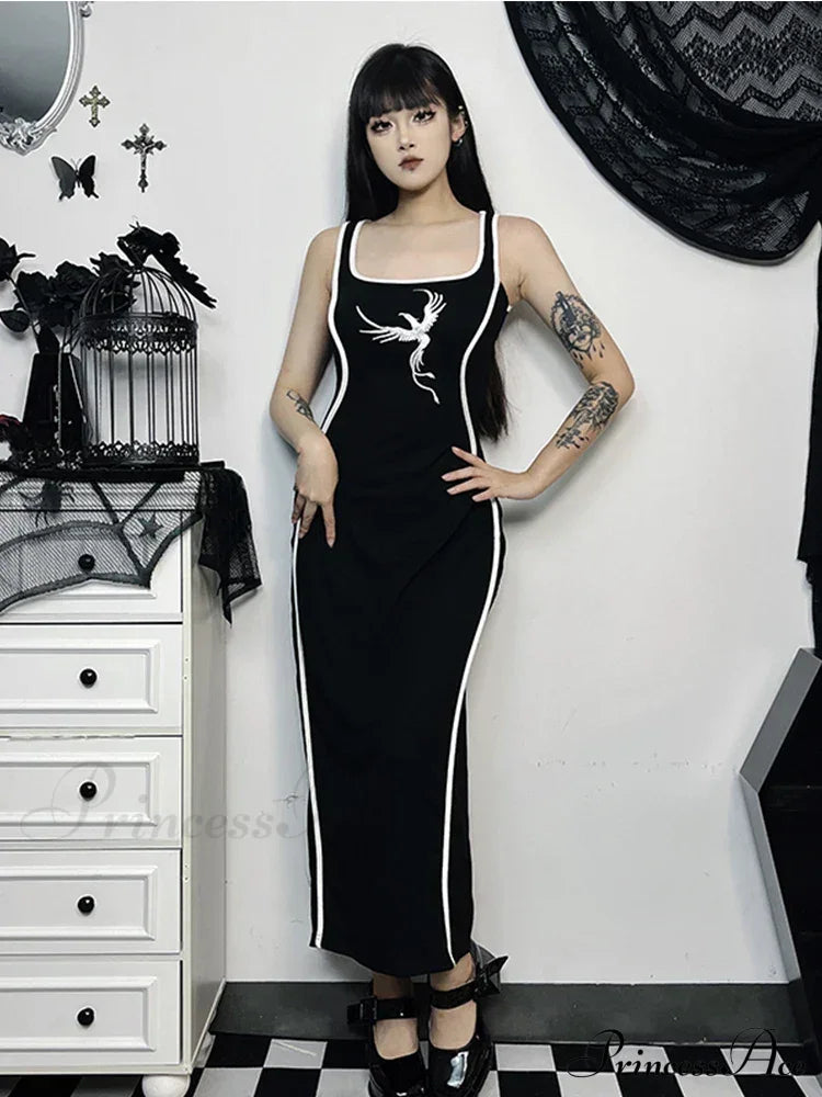 Gothic Square Neck Tank Sexy Sleeveless High Waist White Embroidery Bodycon Dress
