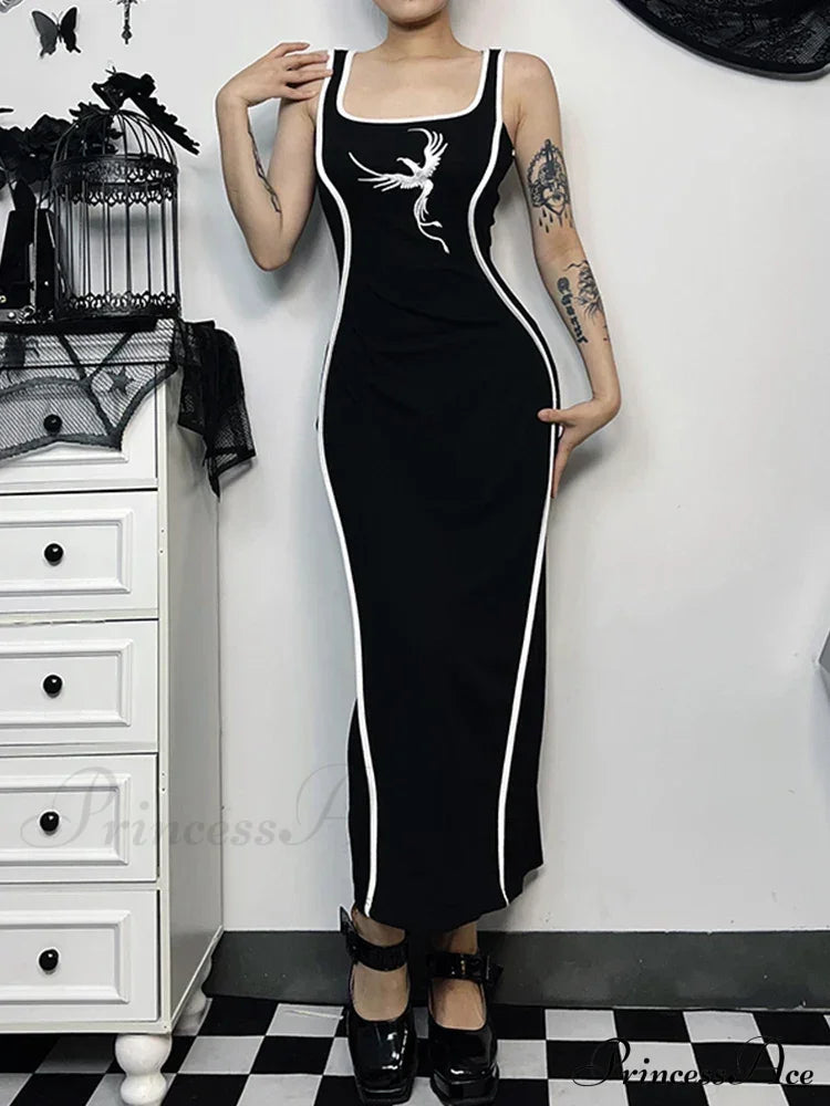 Gothic Square Neck Tank Sexy Sleeveless High Waist White Embroidery Bodycon Dress