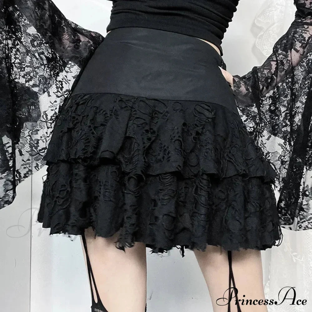 Gothic Style Sexy Lace Cake for Summer Women with Versatile Ripped Hole Fabric Skirt