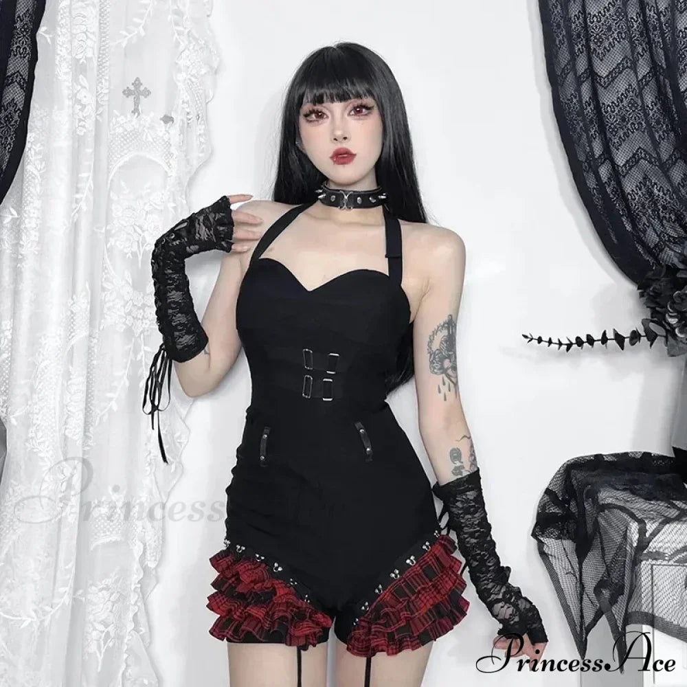 Gothic Summer New Arrival Landmine Series Plaid Patchwork Shorts Spicy Girl Halter Waist-Cinch Y2K Vest Skirt