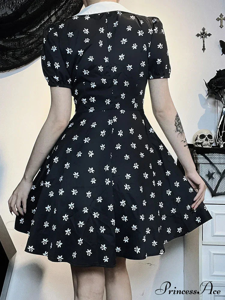 Gothic Turn Down Collar A-Line Punk Print Short Sleeve Swing Cloak Bodycon Dress