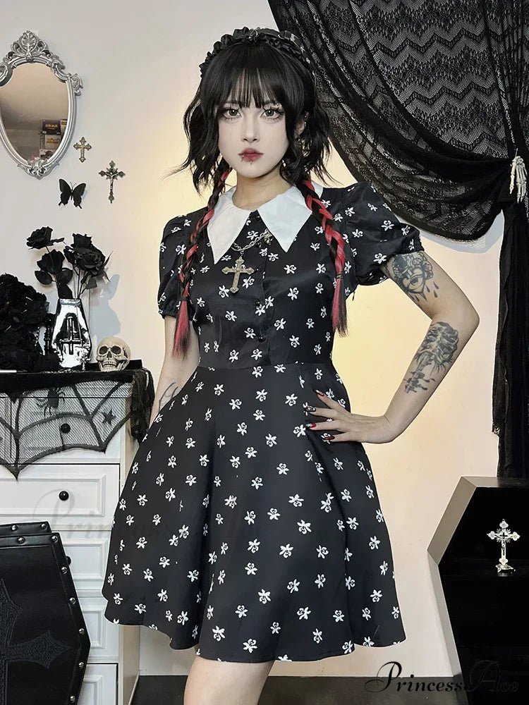 Gothic Turn Down Collar A-Line Punk Print Short Sleeve Swing Cloak Bodycon Dress