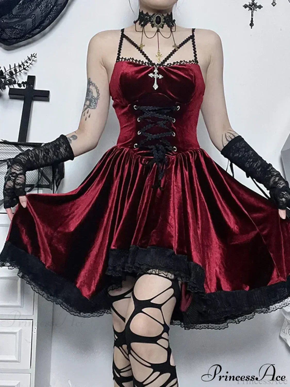 Gothic Velvet Vintage Spaghetti Strap Lace Up Bodycon Cami Romantic Casual Dress