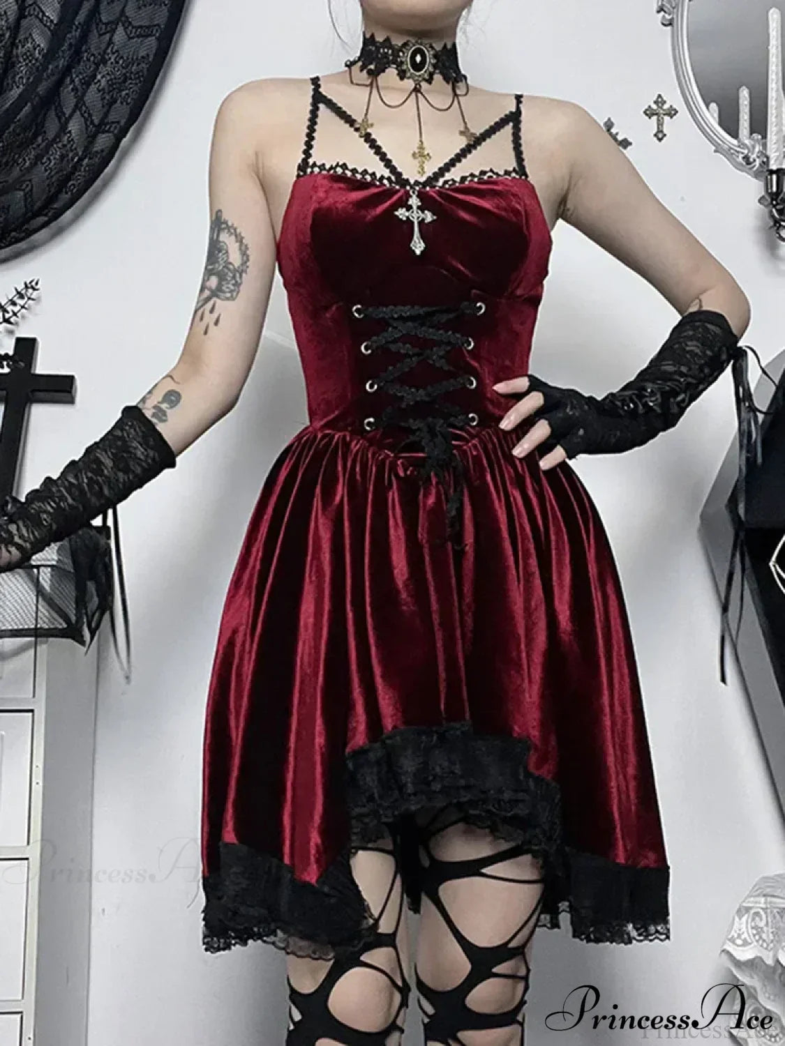 Gothic Velvet Vintage Spaghetti Strap Lace Up Bodycon Cami Romantic Casual Dress