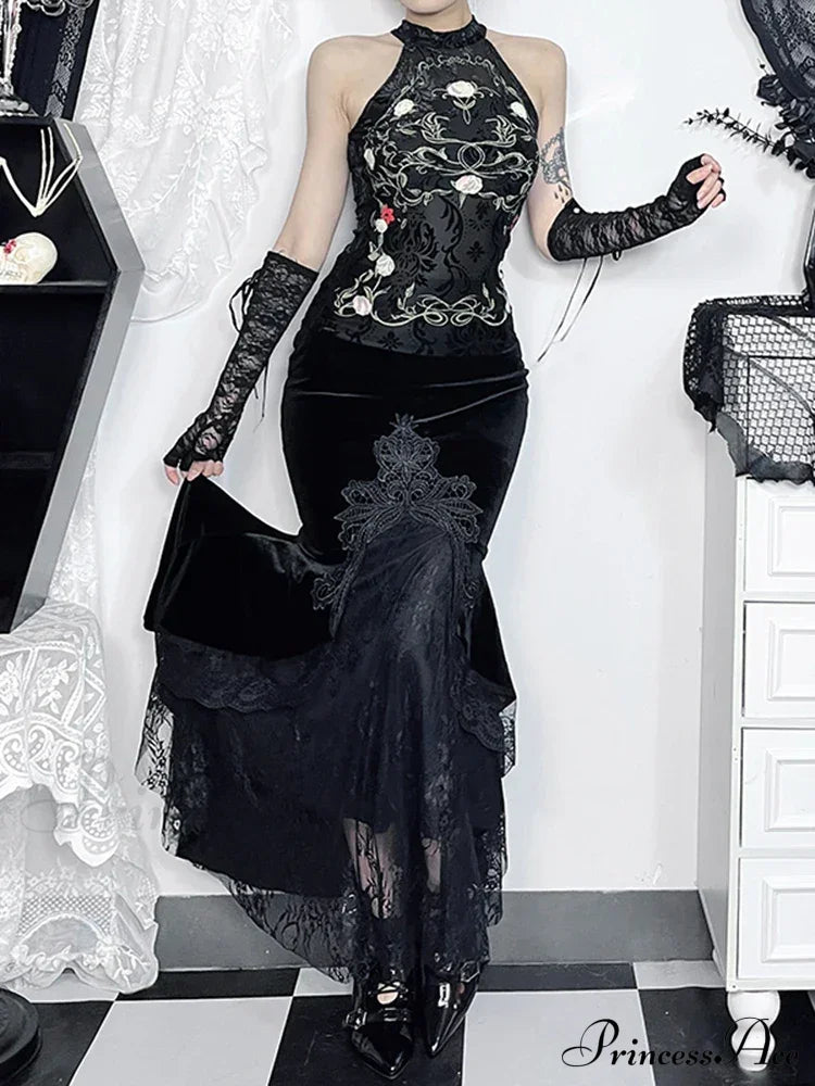 Gothic Vintage Chinese Style Printed Flocking Lace Halter Crop Top