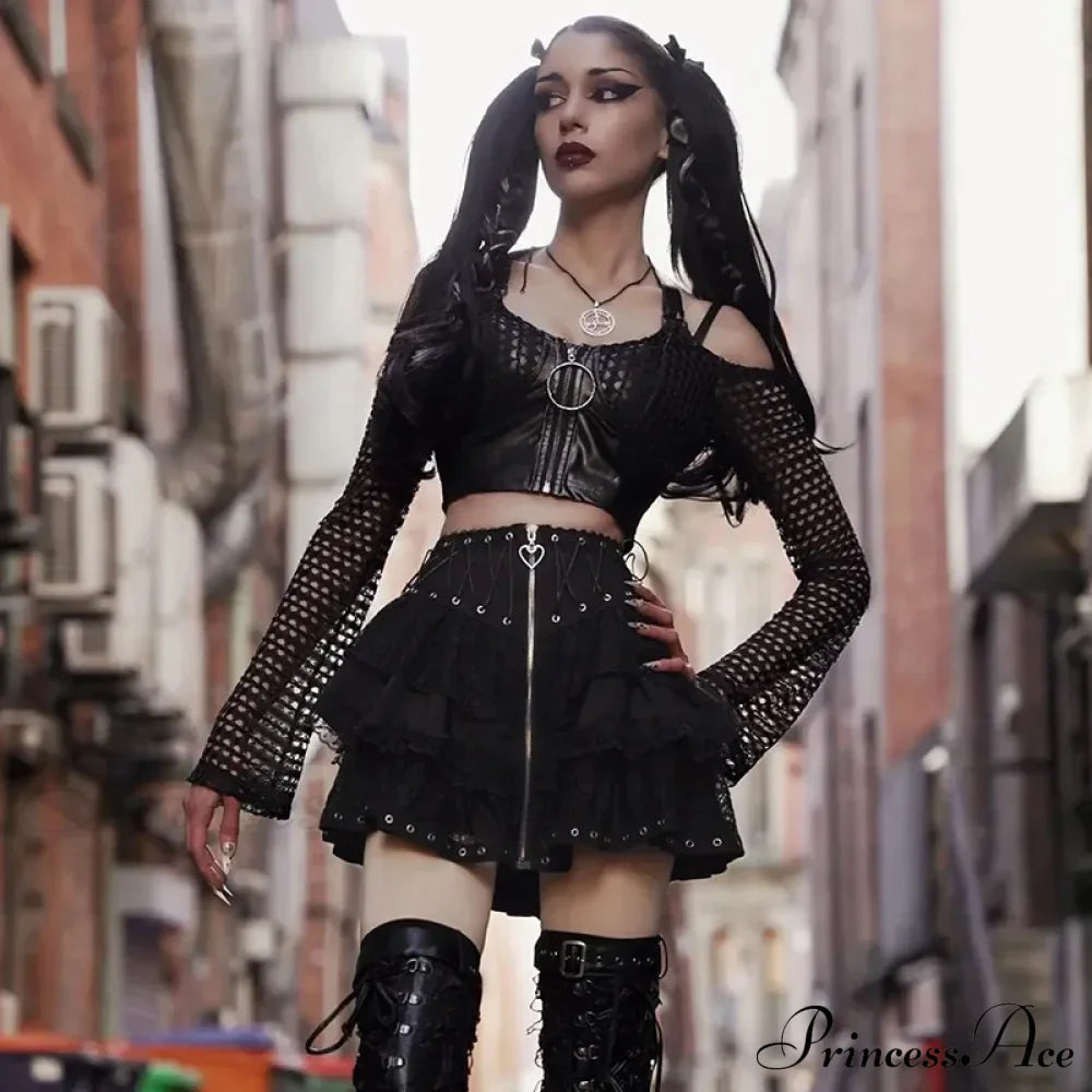 Gothic Vintage High Waist Zipper Front Japanese Kawaii Black Cosplay Skirt