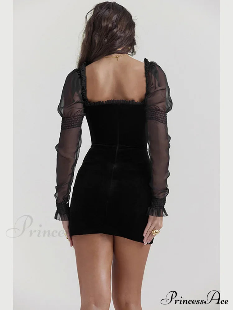 Gothic Wooden Ear Edge Wrap Hip Mesh Long Sleeve Square Neck Ruched Bodycon Mini Dress
