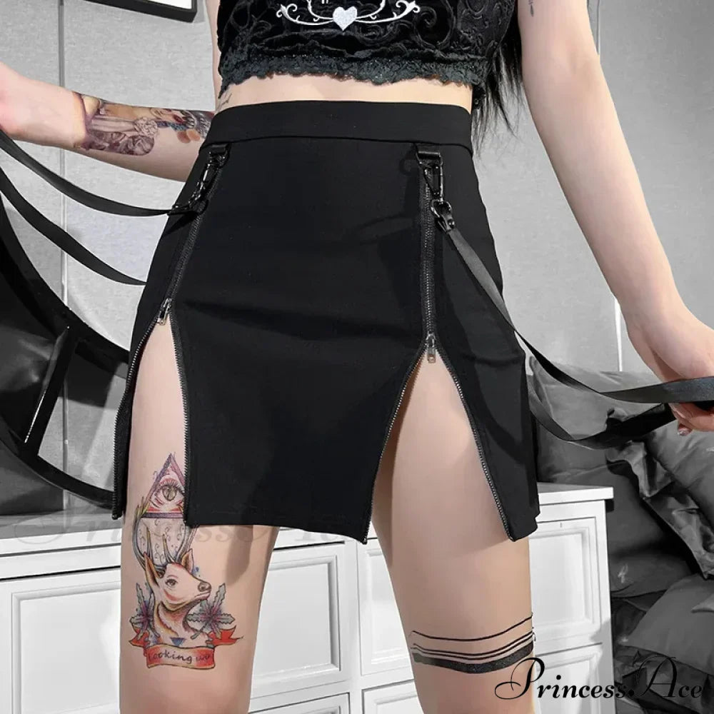 Gothic Zip Split Sexy Women Mini Grunge Strap Black High Waist Pencil E-girl Skirt
