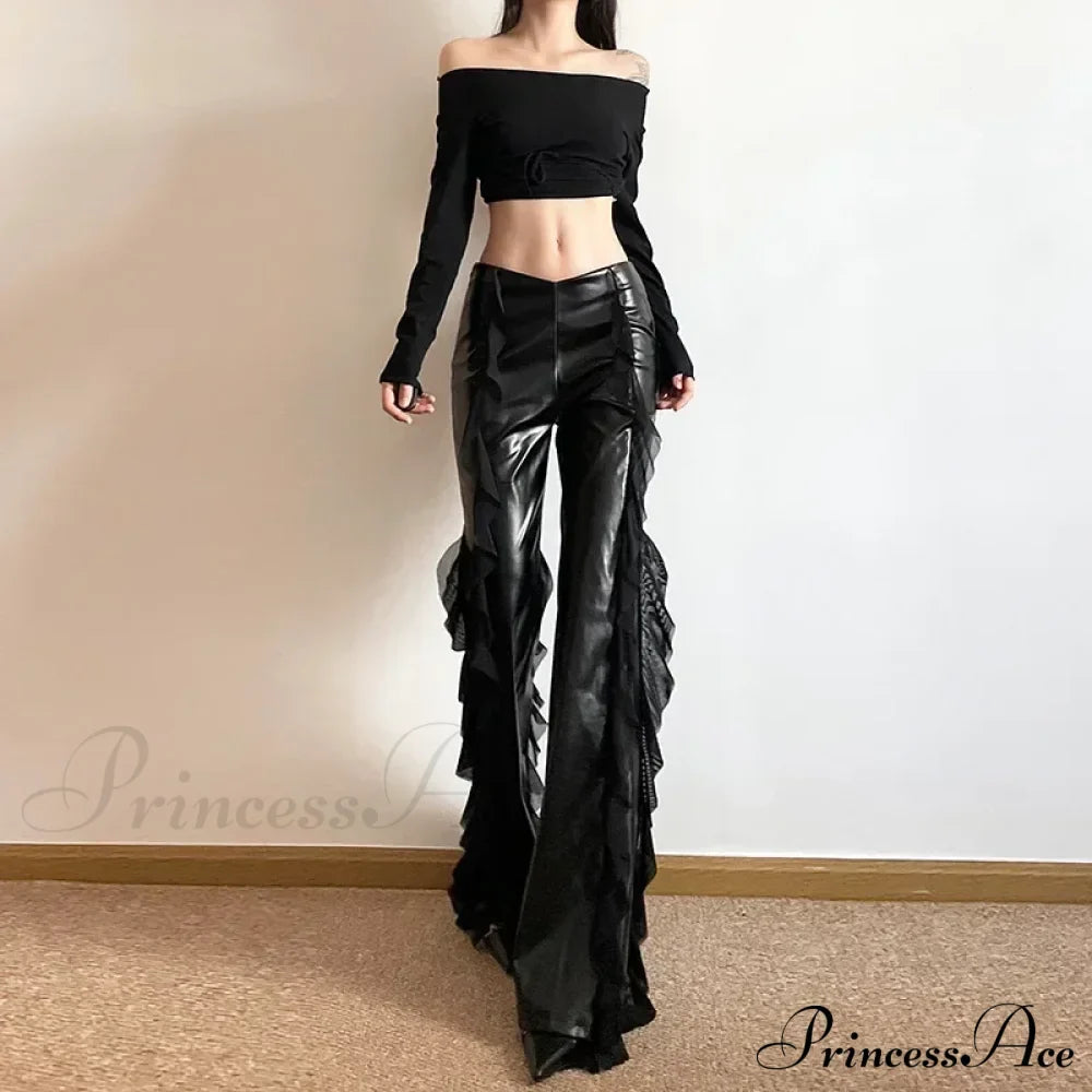 Gothic Zip Women Casual Flare Pants Faux PU Mesh Pants