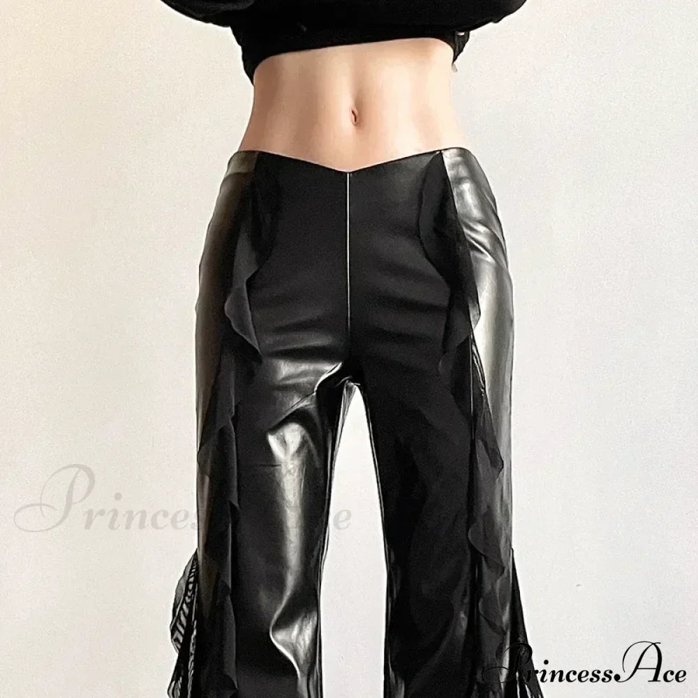 Gothic Zip Women Casual Flare Pants Faux PU Mesh Pants