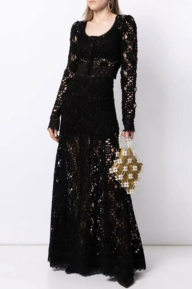 Graceful Button Up High Waist Crochet Lace Two Piece Maxi Dress - Black - Fashionpara