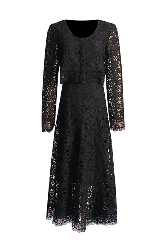 Graceful Button Up High Waist Crochet Lace Two Piece Maxi Dress - Black - Fashionpara