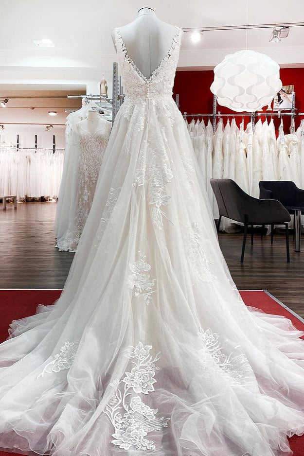 Graceful Ivory Tulle V Neck Lace Ruffles A-Line Wedding Dresses - Fashionpara