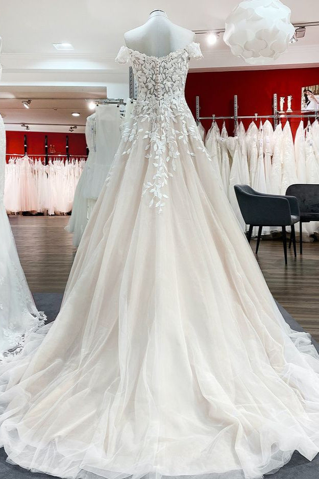 Graceful Off The Shoulder Tulle Lace Ruffles A-Line Wedding Dresses - Fashionpara
