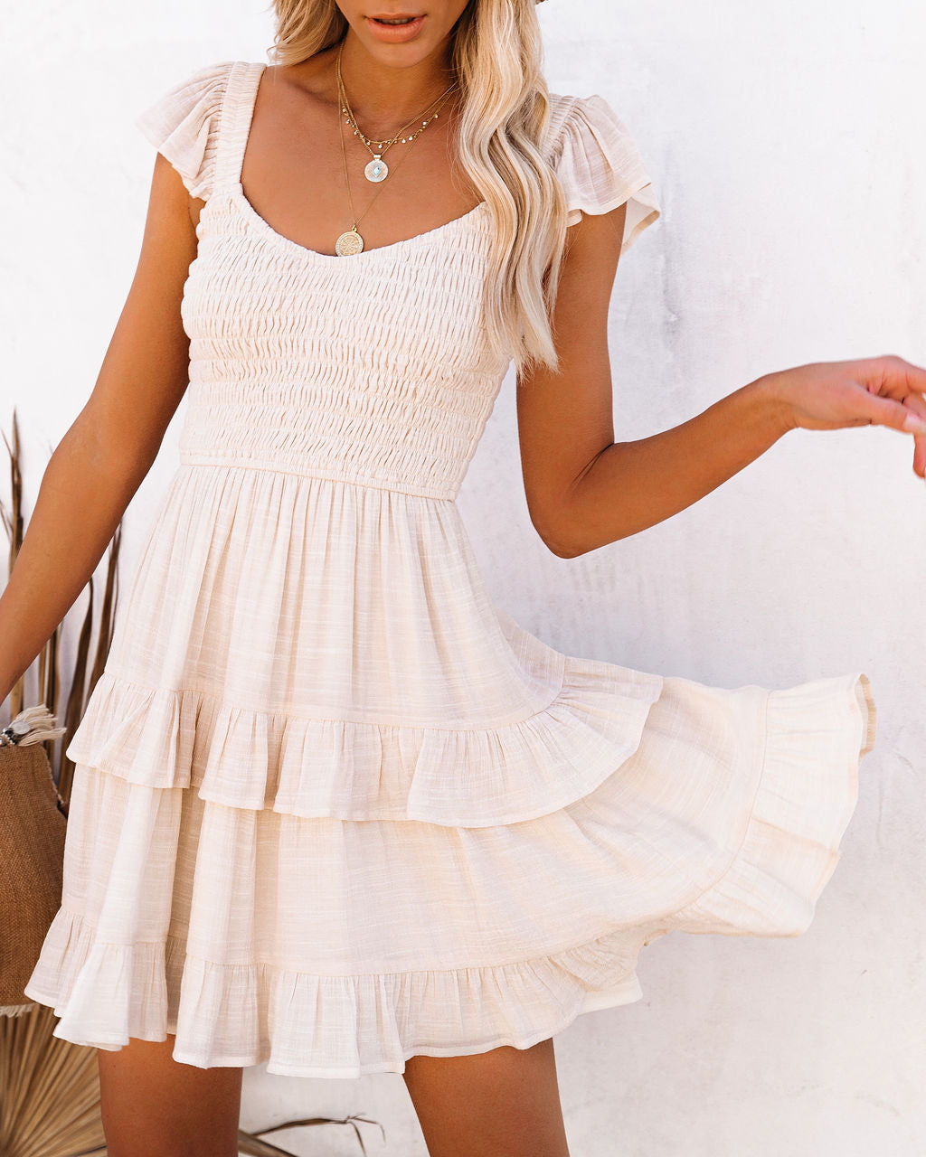 Smocked Cap Sleeve Tiered Ruffle Mini Dress