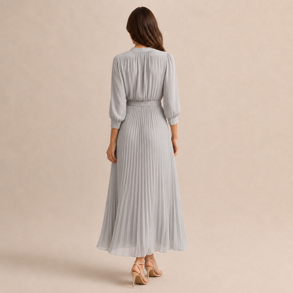 Band Collar Button Front Belted Pleated Shirt Maxi Dress 6