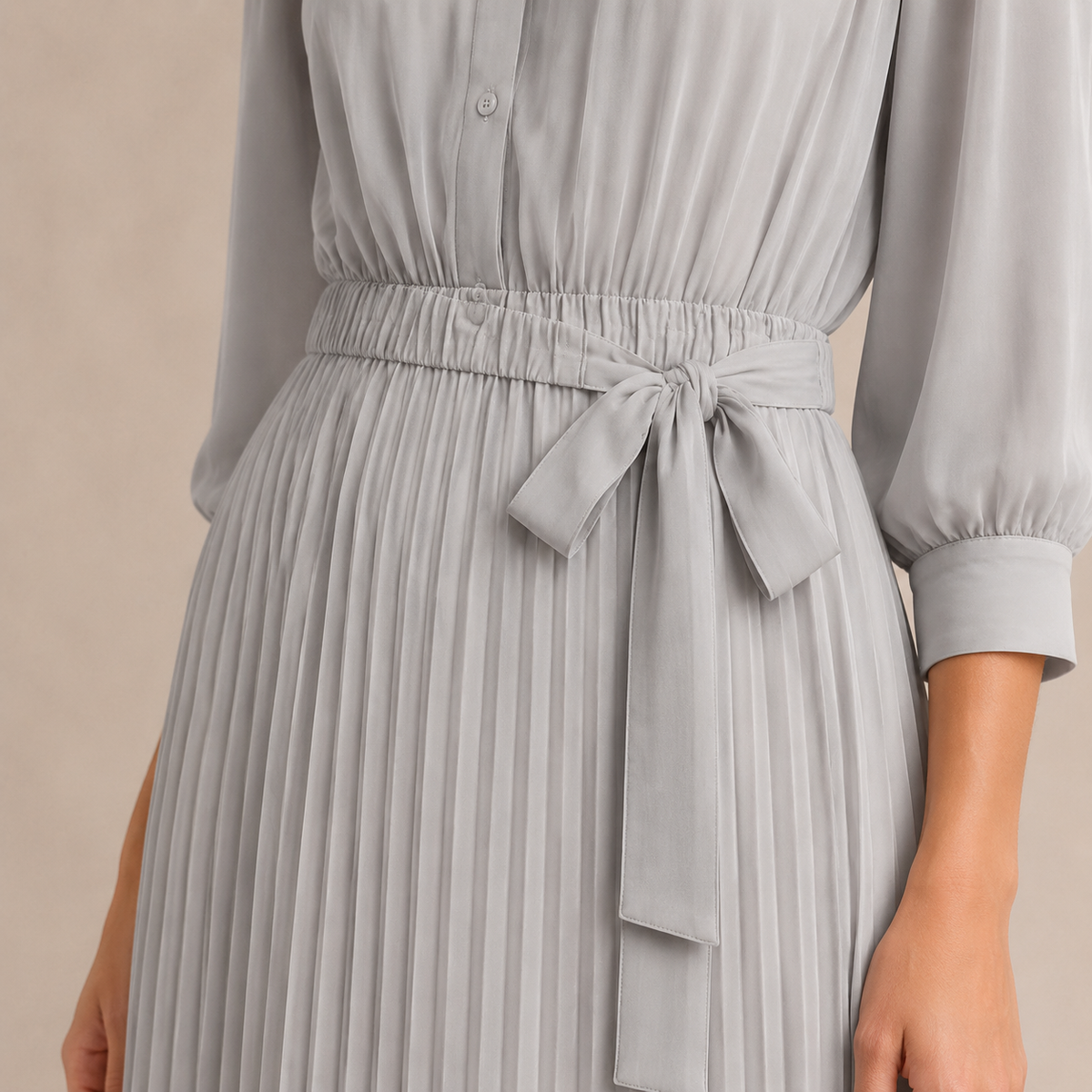 Band Collar Button Front Belted Pleated Shirt Maxi Dress 5