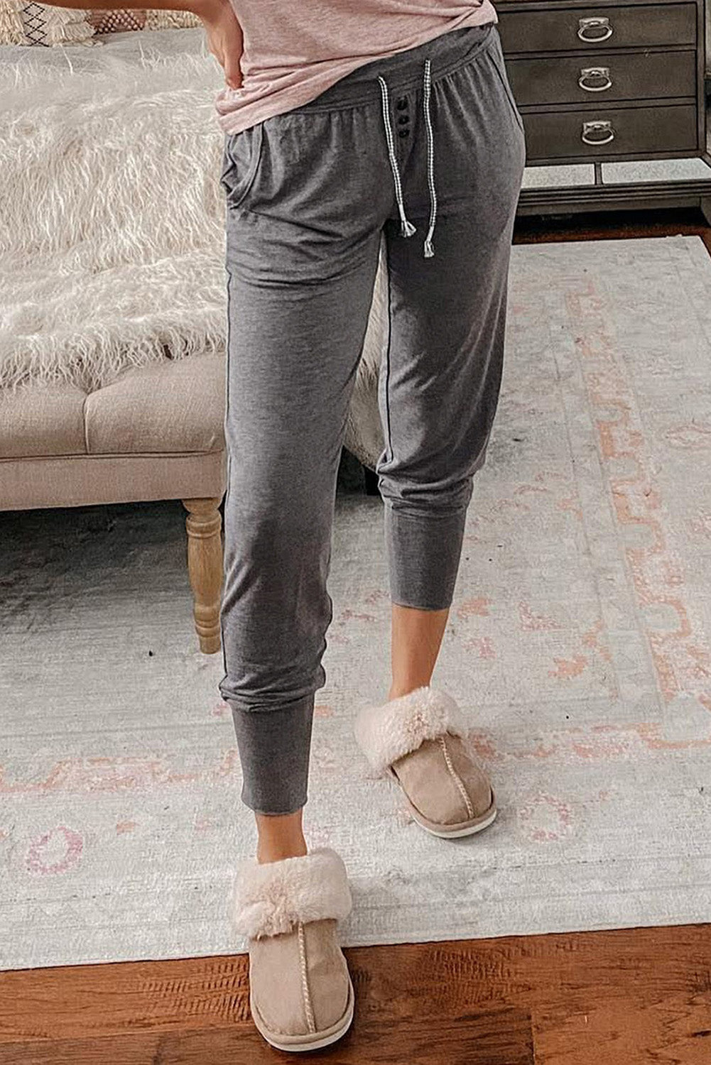 Gray Buttoned Drawstring High Waist Jogger Pants  Fashionpara