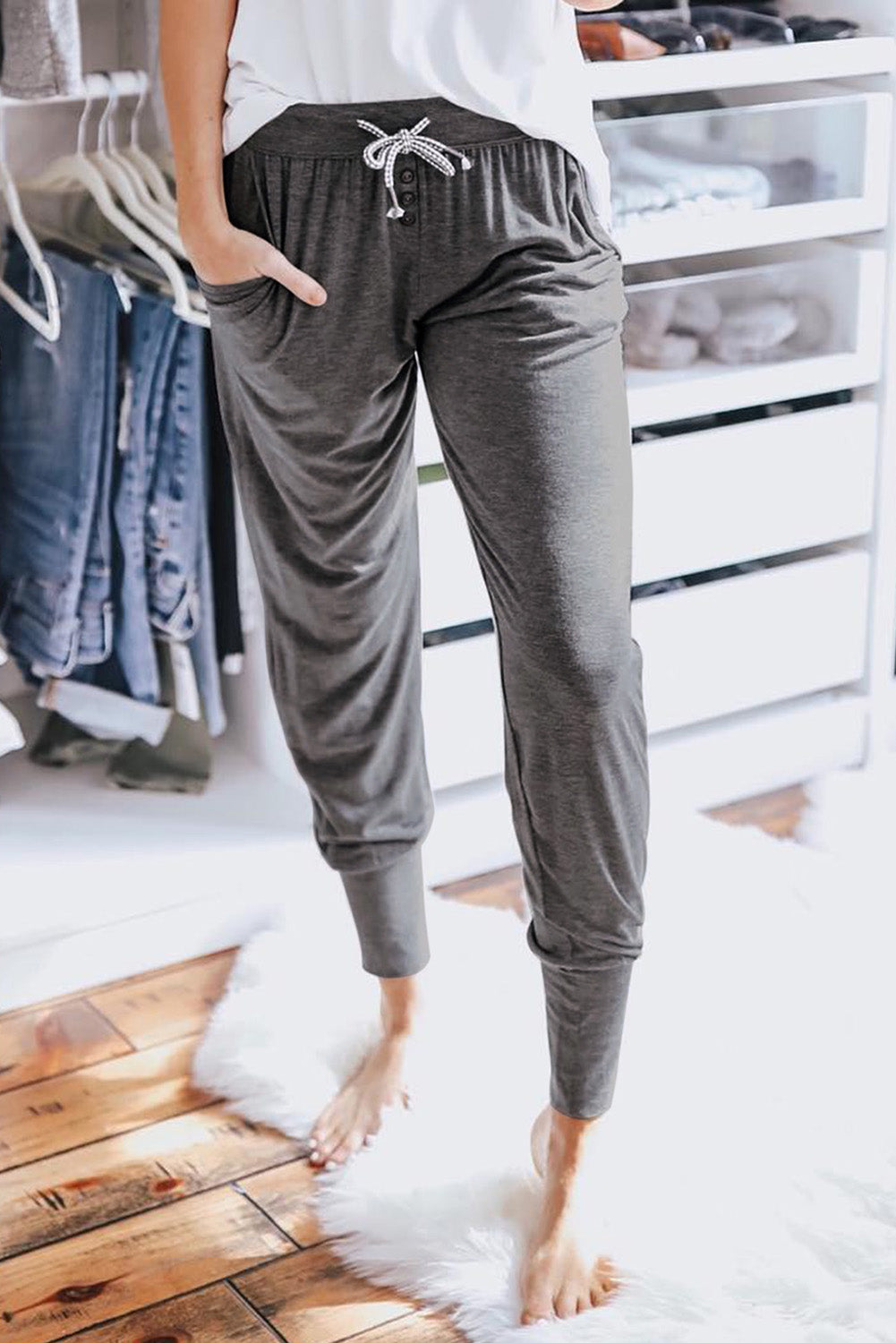Gray Buttoned Drawstring High Waist Jogger Pants  Fashionpara