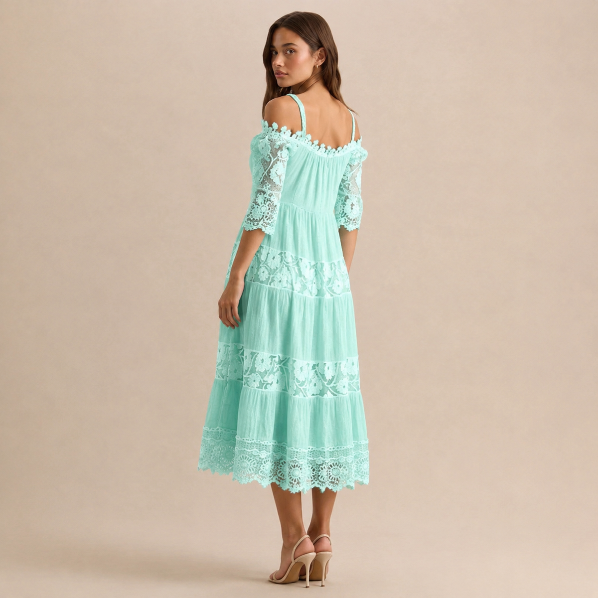 Off Shoulder Crochet Lace Trim Tiered Midi Dress 9