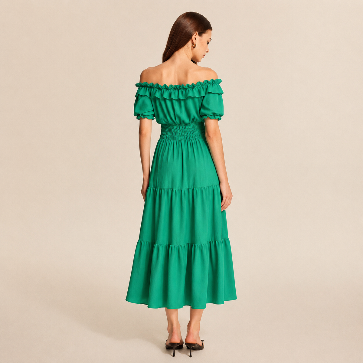 Off Shoulder Ruffle Puff Sleeve Tiered Maxi Dress 15