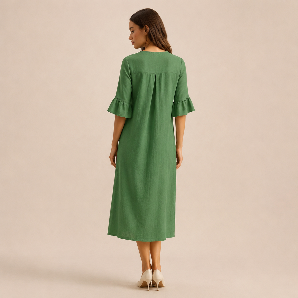 Notch Neck Wooden Button Front Pleated A-Line Midi Dress 12