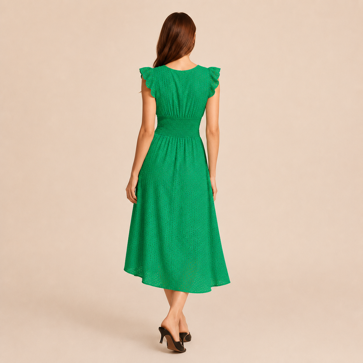 Broderie V-Neck Flutter Sleeve Shirred Waist A-Line Midi Dress 19