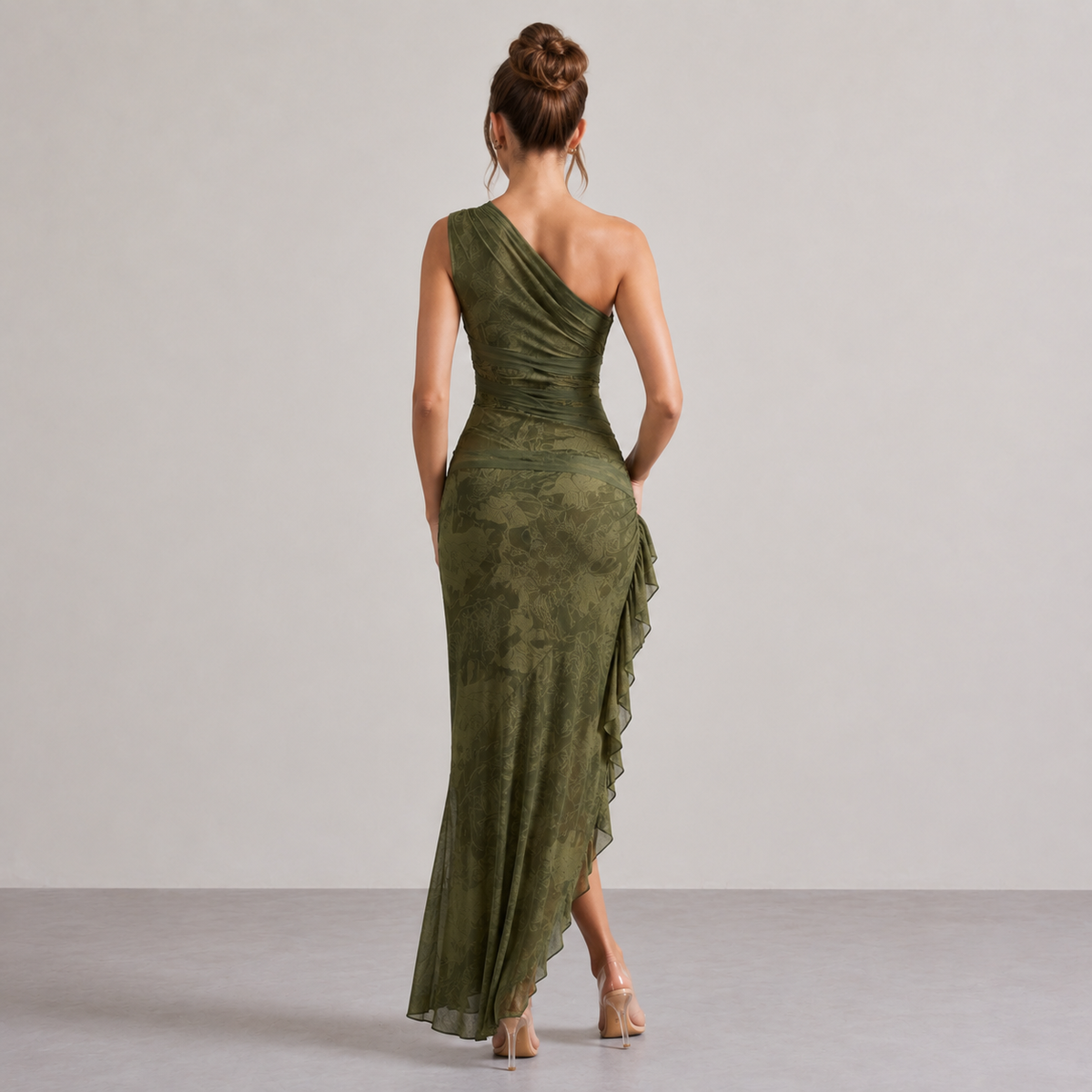 One Shoulder Floral Burnout Ruffle High Split Maxi Dress 9