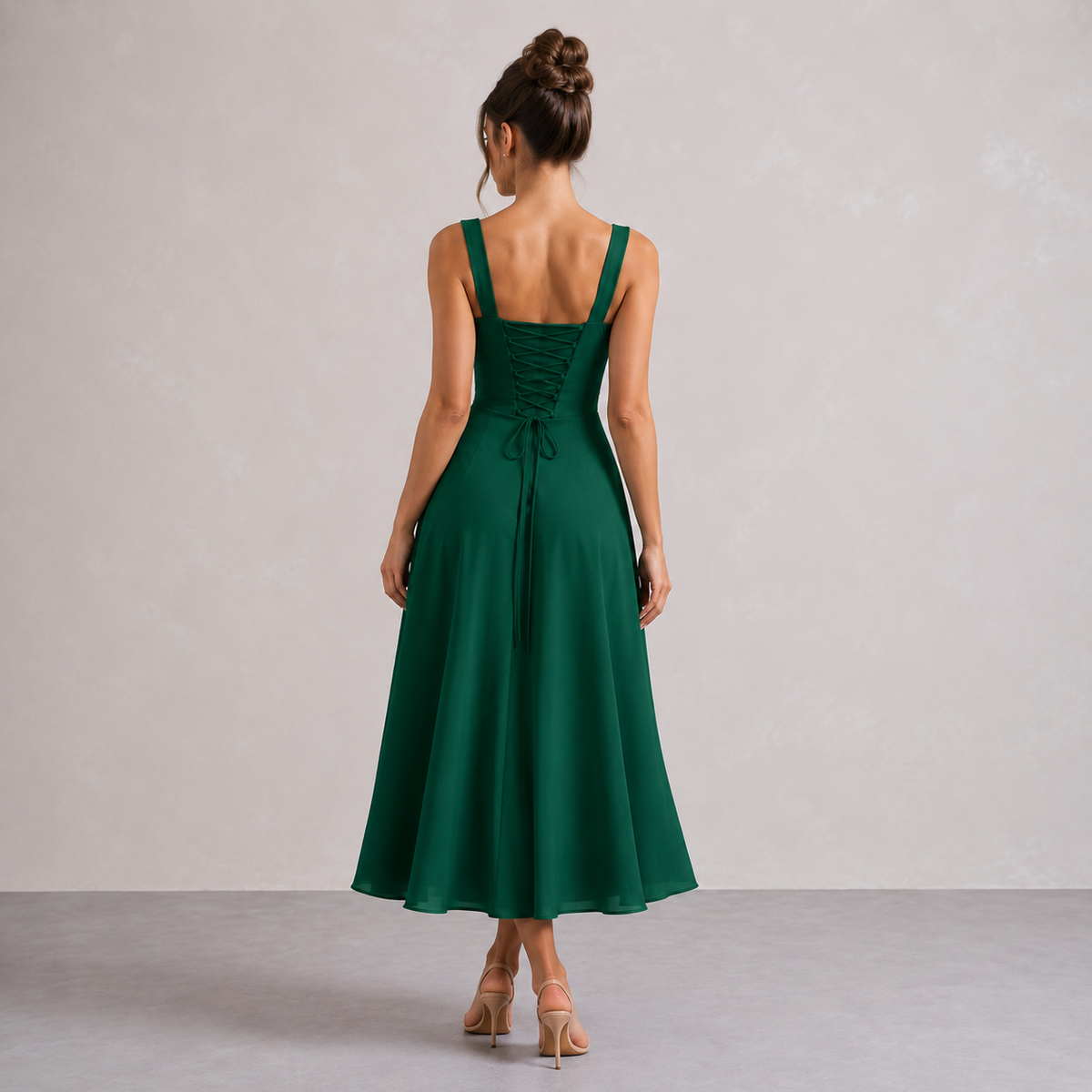 Square Neck Tie Front Corset Fit and Flare Midi Dress 15