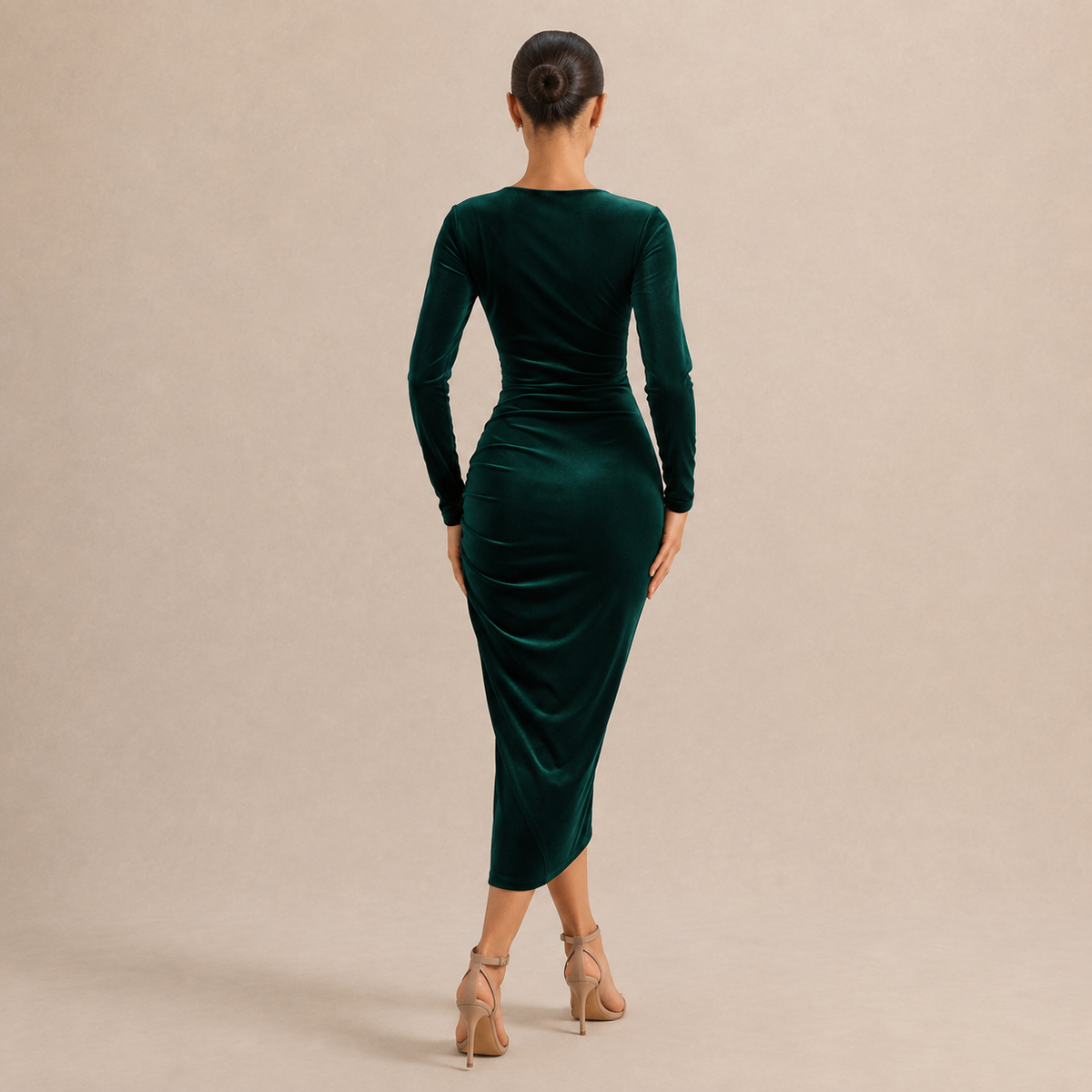 V-Neck Long Sleeve Ruched Velvet Wrap Midi Dress 9