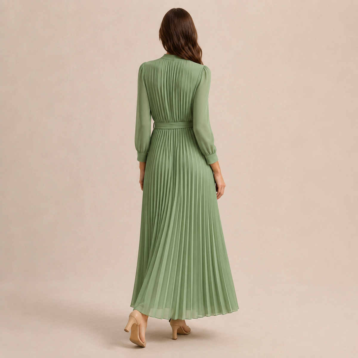 Band Collar Button Front Belted Pleated Shirt Maxi Dress 18