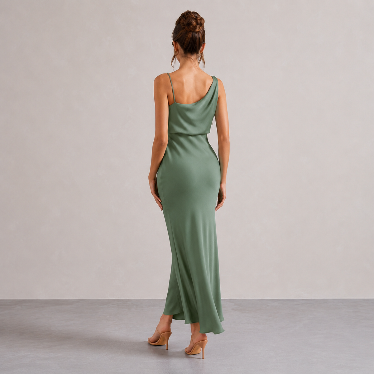 Cowl Neck Asymmetric Strap Satin Slip Maxi Dress 6