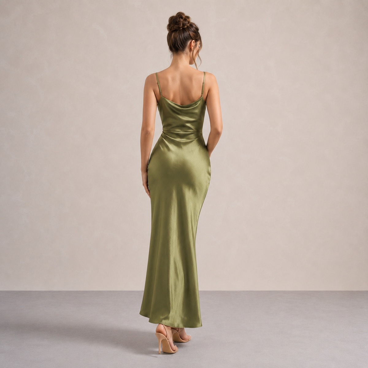 Cowl Neck Satin Ruched Split Midi Dress 9