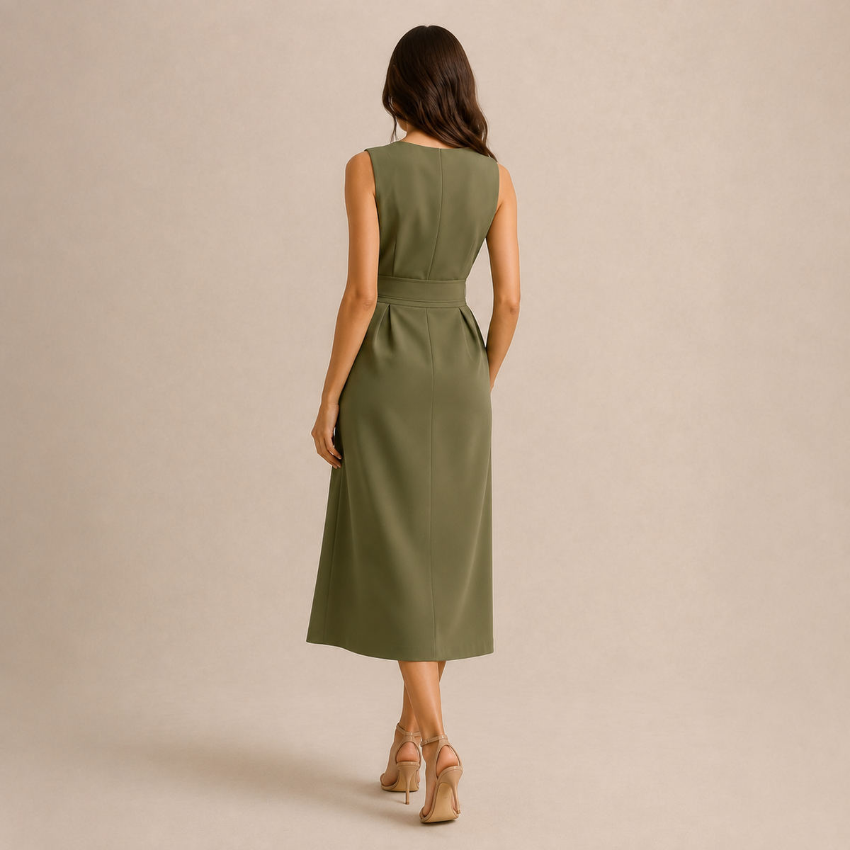 Round Neck Sleeveless Belted Pleated Fit and Flare Midi Dress 9